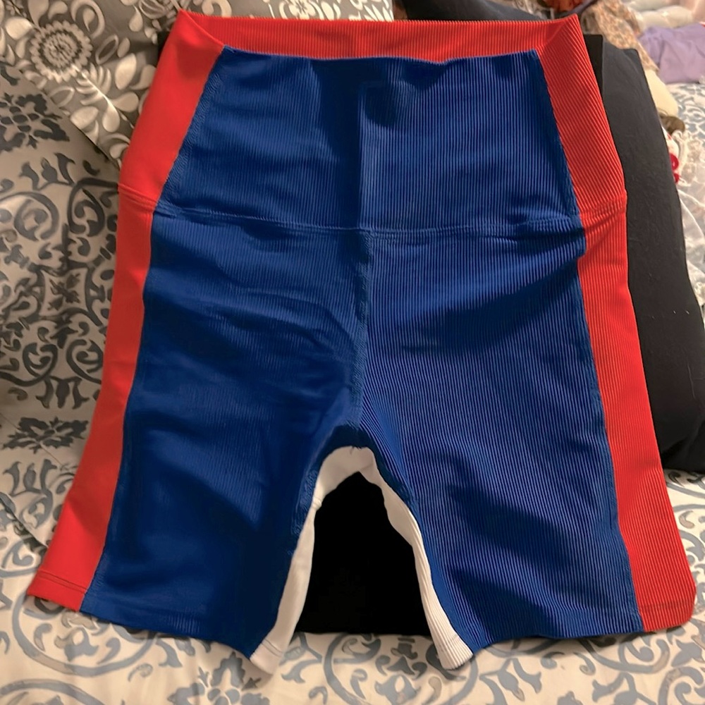 COPY - Beach Riot Ribbed fabric biker/yoga/barre shorts.  Color block red, whit…